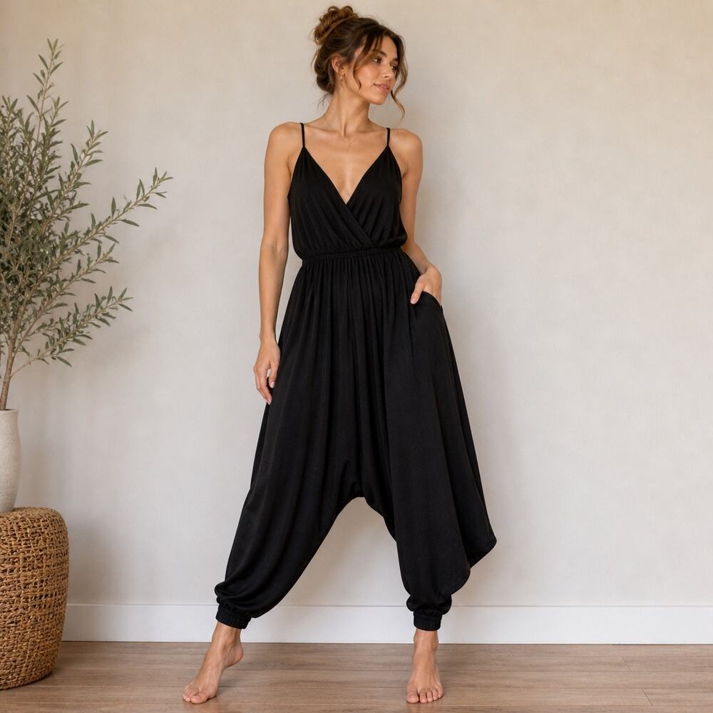 Black Harem Jumpsuit Relaxed Baggy Fit Sleeveless Sz S